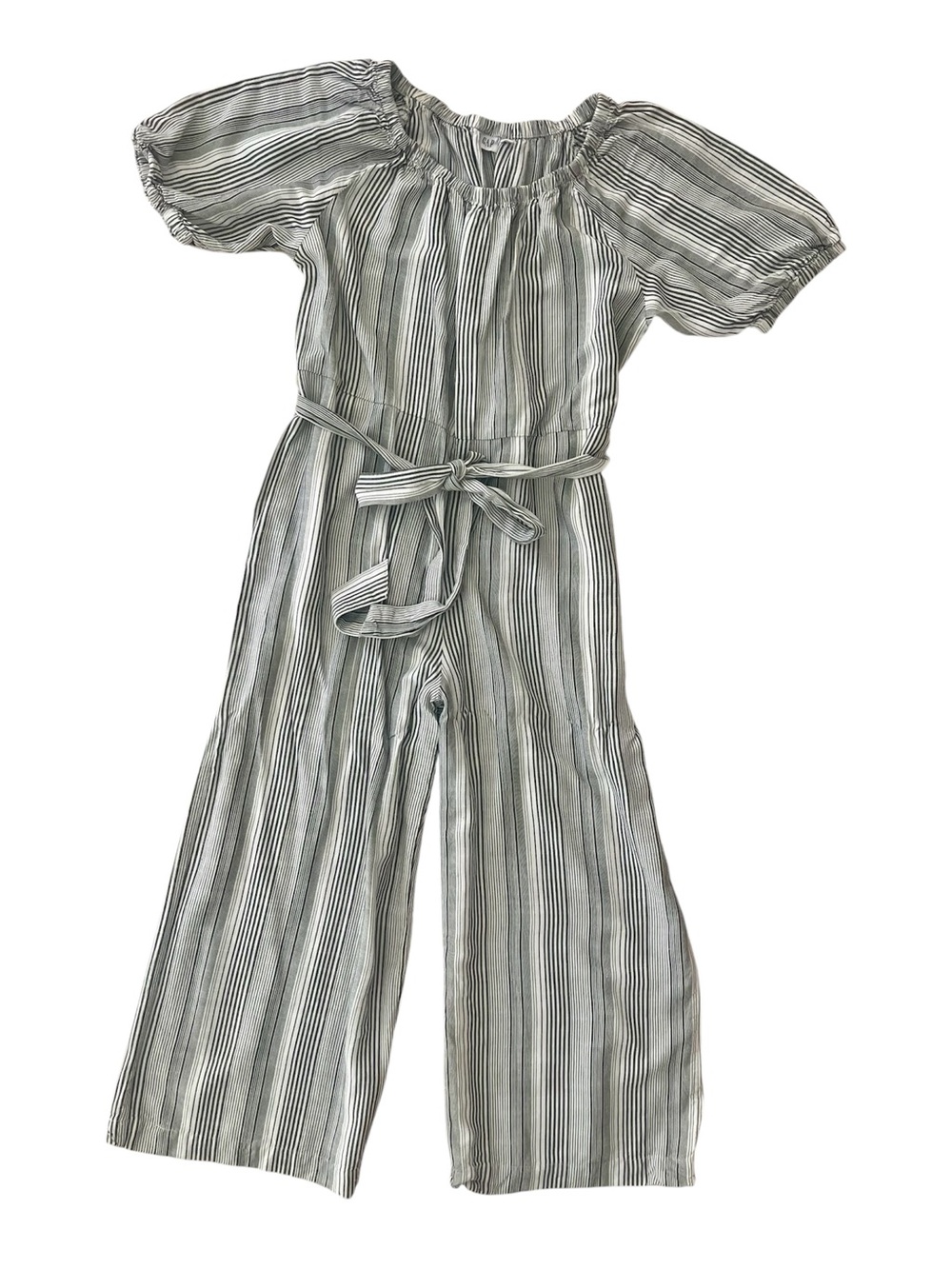 GAP Puff Sleeve Jumpsuit 8 Lightweight Gray Stripe Flowy Wide Leg Pocket Preppy
